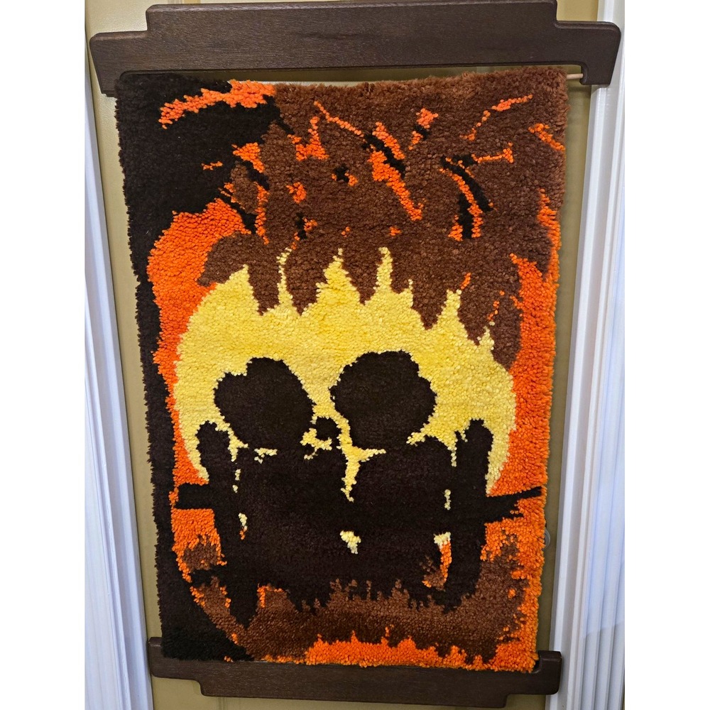 Vintage 70s Latch Hook Wall Hanging Sunset Couple Silhouette Decor Woods Frame